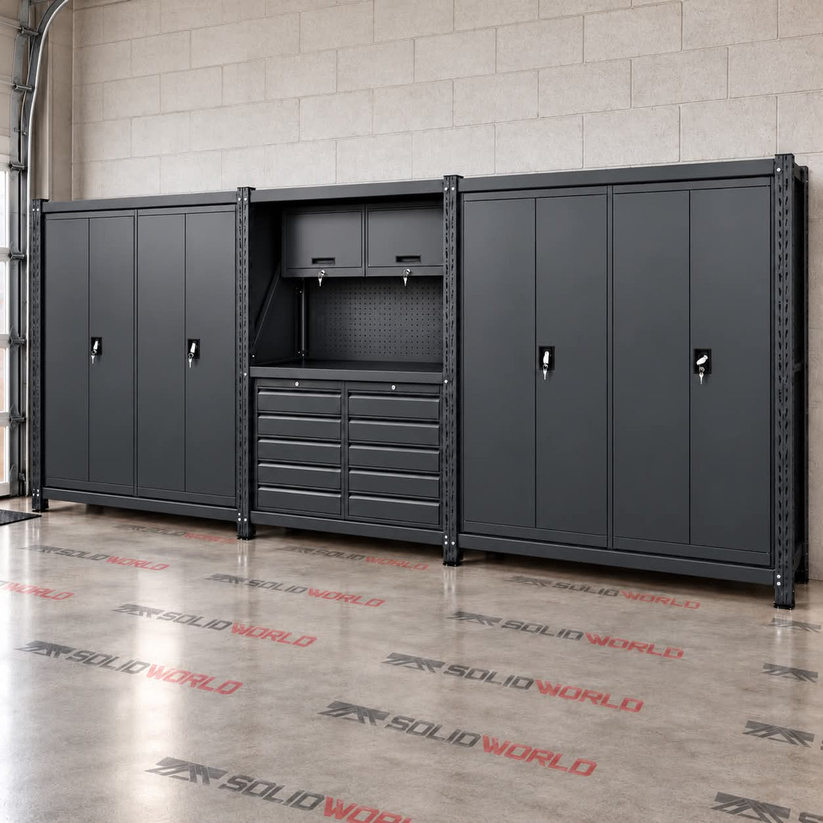 5.5m(L) 10-Drawer & Cabinet Steel Pegboard Workbench w 4 Cabinets on shelf