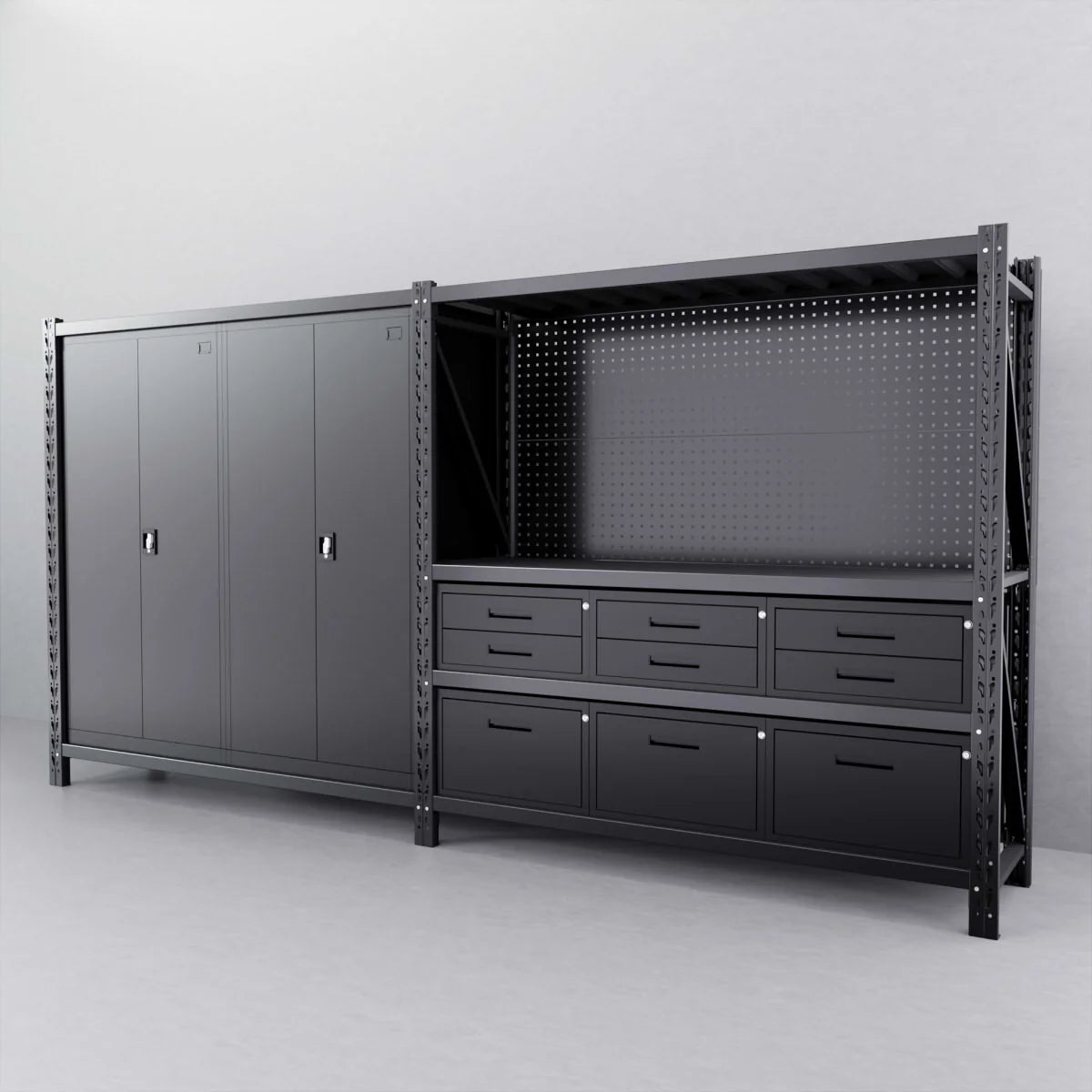 4m(L) 9-Drawer Steel Pegboard Workbench & 2 Cabinets on shelf