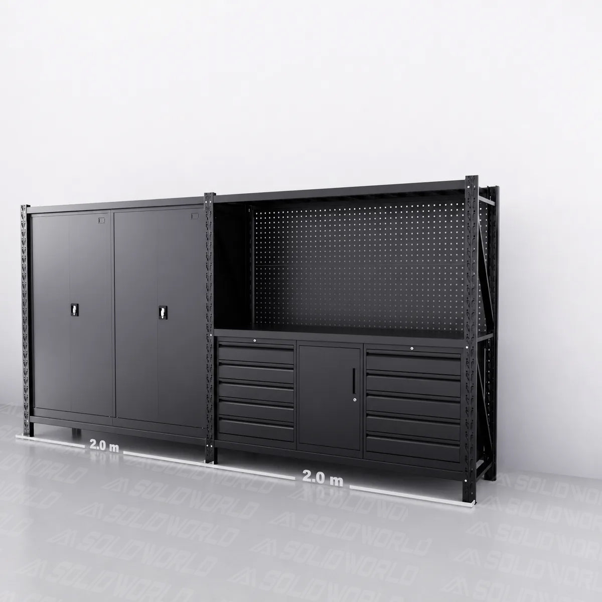 10-Drawer & Cabinet Pegboard Workbench w 2 Cabinets & Shelving