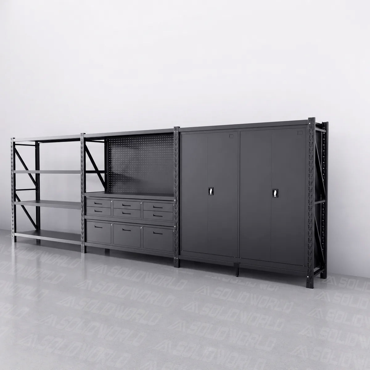 4m(L) 9-Drawer Steel Pegboard Workbench & 2 Cabinets on shelf