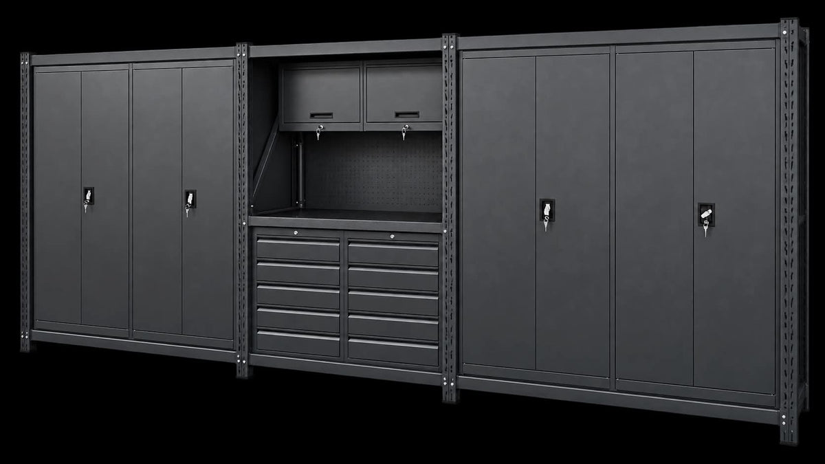 5.5m(L) 10-Drawer & Cabinet Steel Pegboard Workbench w 4 Cabinets on shelf