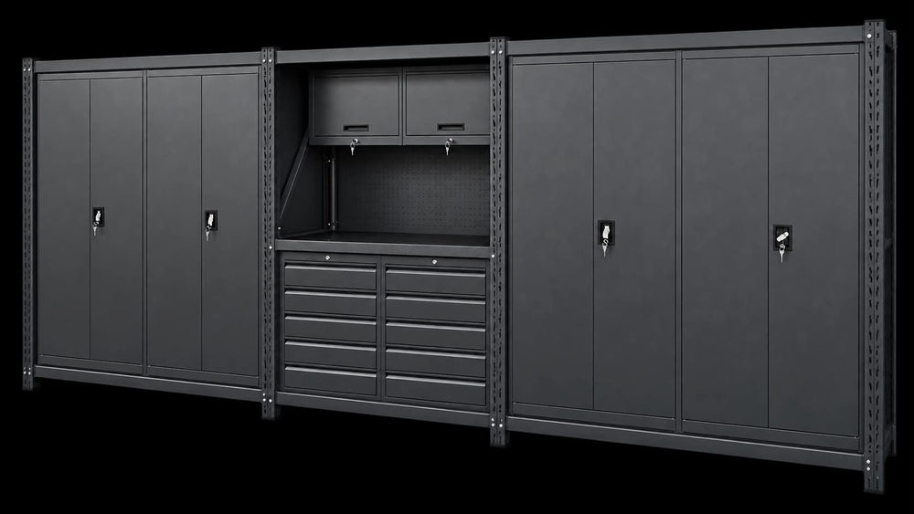 5.5m(L) 10-Drawer & Cabinet Steel Pegboard Workbench w 4 Cabinets on shelf