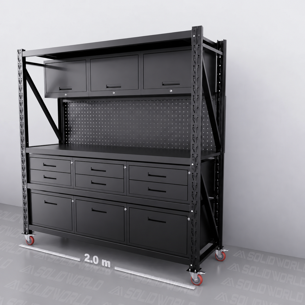2m(L) 9-Drawer Steel Pegboard Workbench