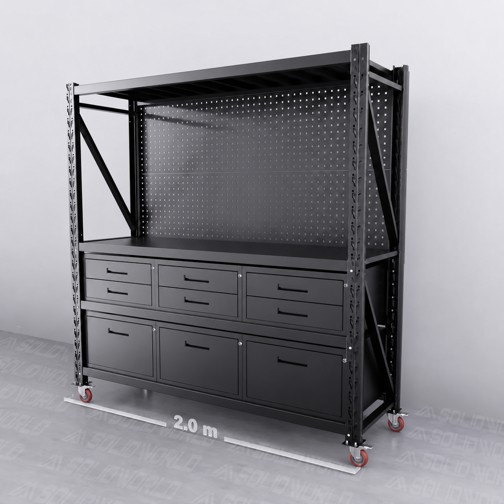 2m(L) 9-Drawer Steel Pegboard Workbench