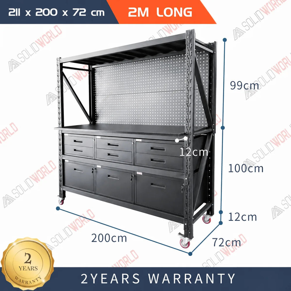 2m(L) 9-Drawer Steel Pegboard Workbench