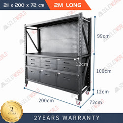 2m(L) 9-Drawer Steel Pegboard Workbench