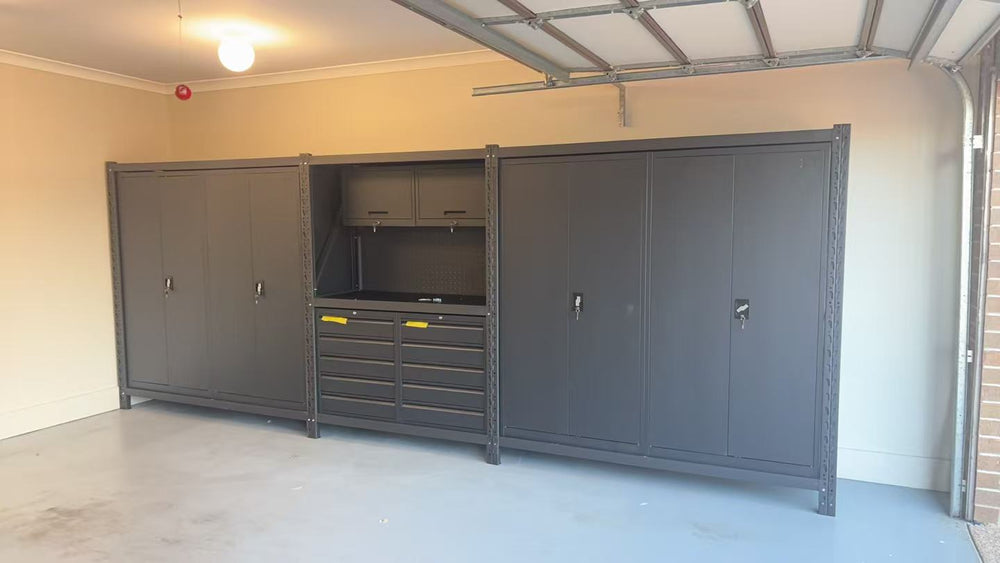 5.5m(L) 10-Drawer & Cabinet Steel Pegboard Workbench w 4 Cabinets on shelf
