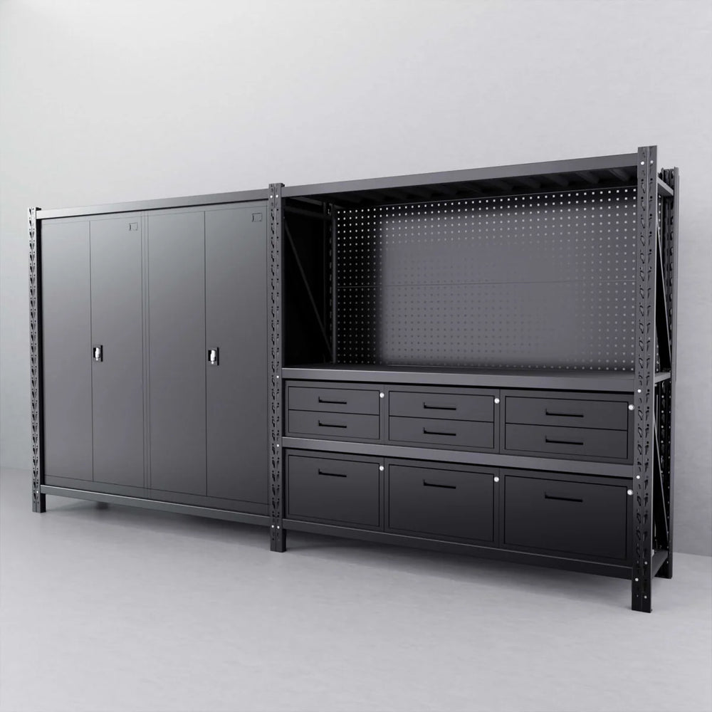 4m(L) 9-Drawer Steel Pegboard Workbench & 2 Cabinets on shelf