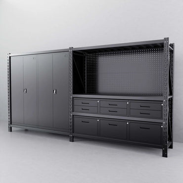 4m(L) 9-Drawer Steel Pegboard Workbench & 2 Cabinets on shelf
