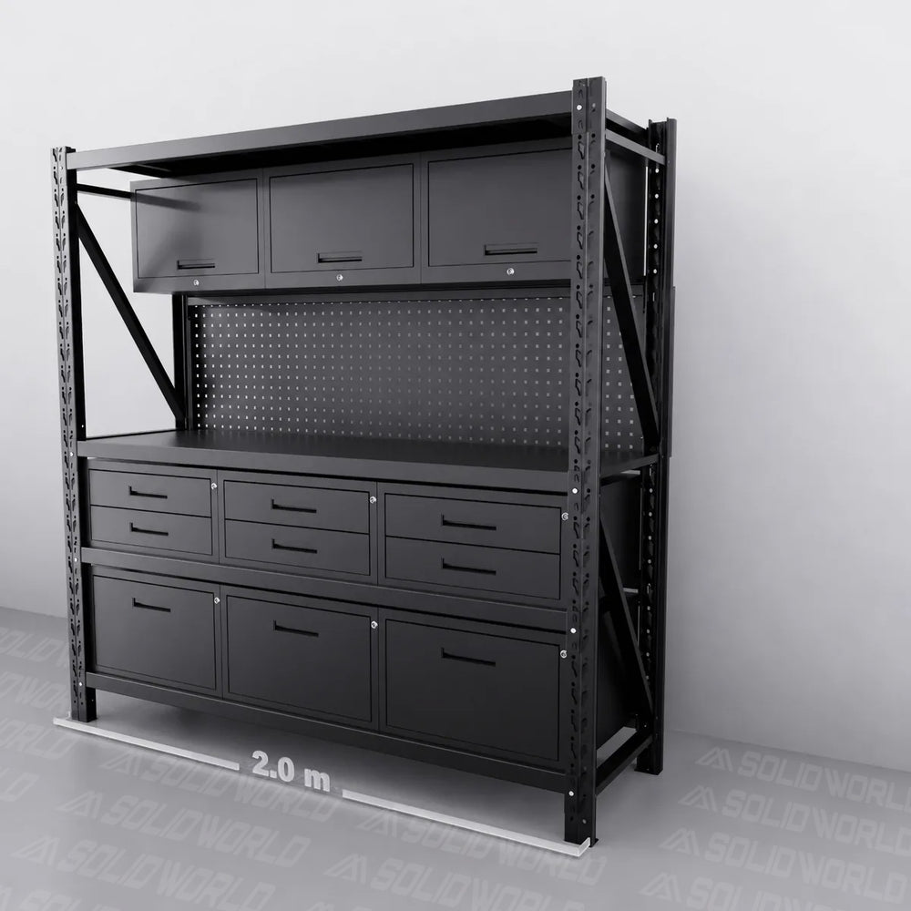 2m(L) 9-Drawer Steel Pegboard Workbench