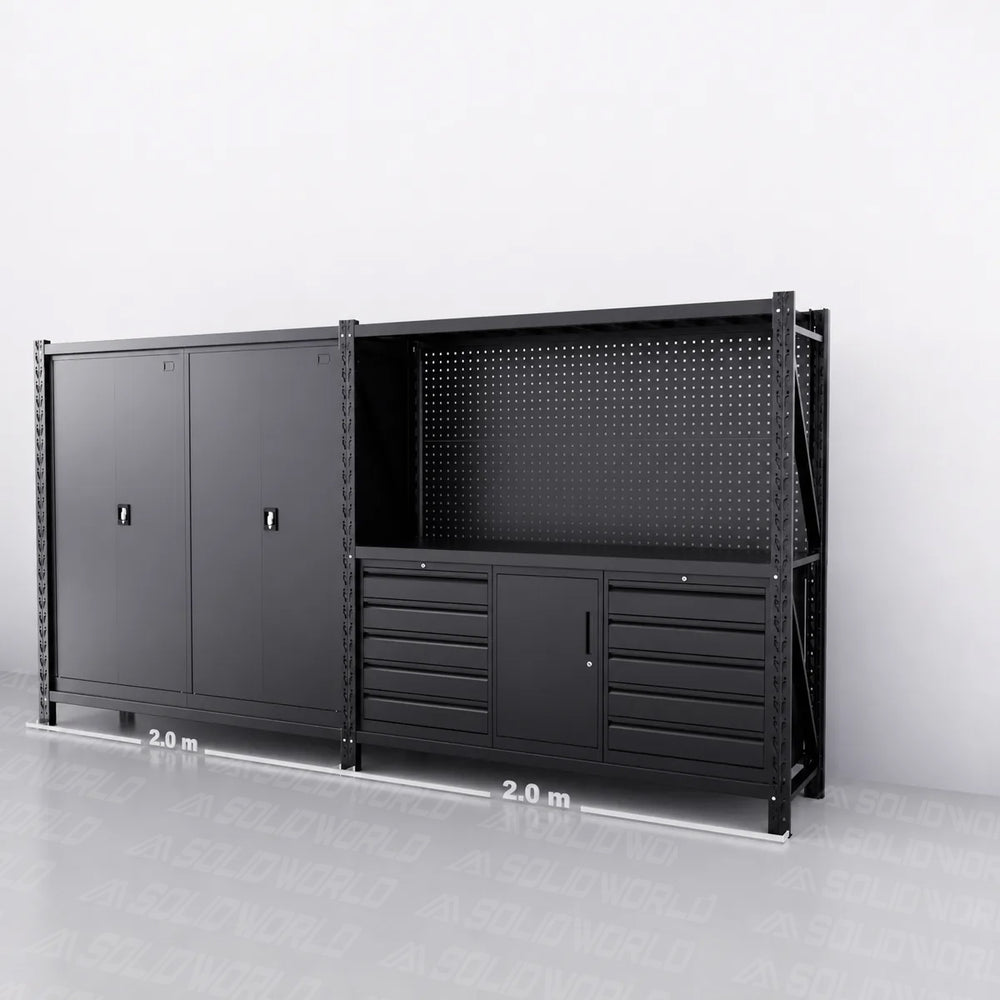 10-Drawer & Cabinet Pegboard Workbench w 2 Cabinets & Shelving