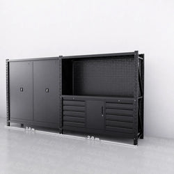 10-Drawer & Cabinet Pegboard Workbench w 2 Cabinets & Shelving