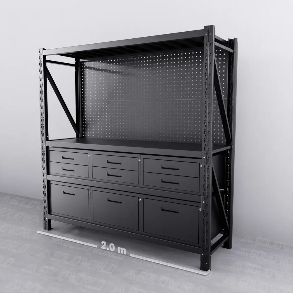 2m(L) 9-Drawer Steel Pegboard Workbench