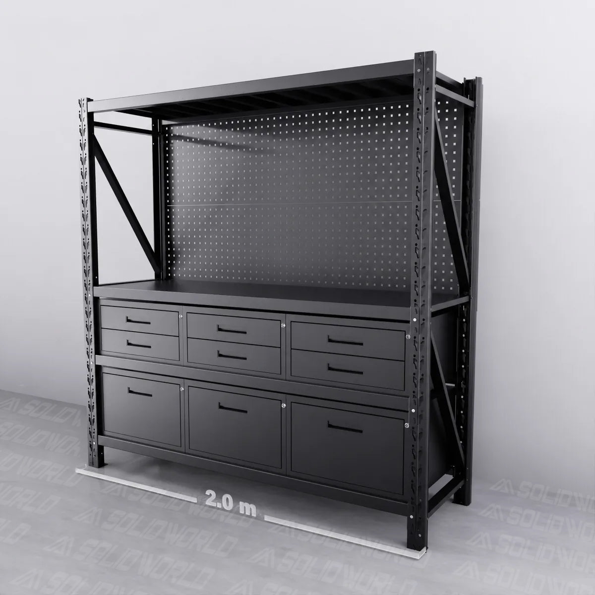 2m(L) 9-Drawer Steel Pegboard Workbench