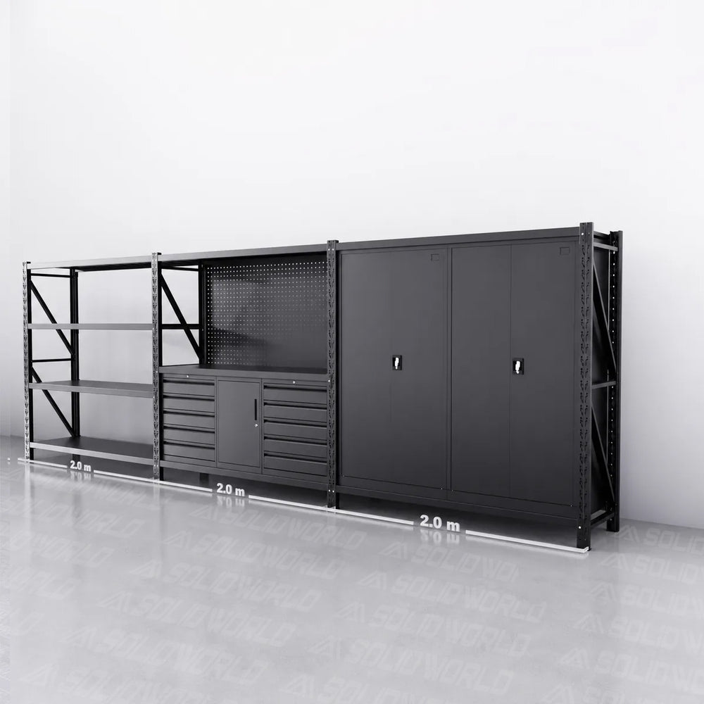 10-Drawer & Cabinet Pegboard Workbench w 2 Cabinets & Shelving