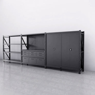 4m(L) 9-Drawer Steel Pegboard Workbench & 2 Cabinets on shelf