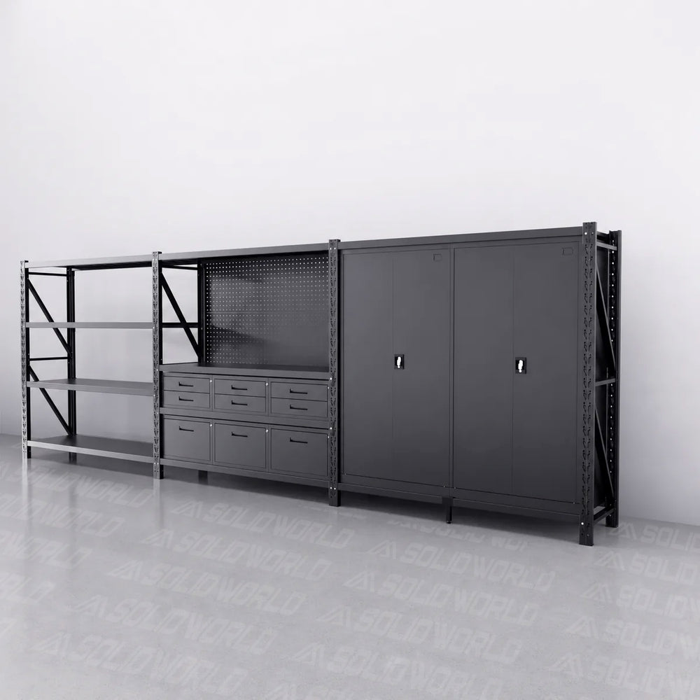 9-Drawer Pegboard Workbench & 2 Cabinets & Shelving (1.2-2.0m Wide)