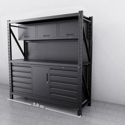 10-Drawer & Cabinet Pegboard Workbench w 2 Cabinets & Shelving