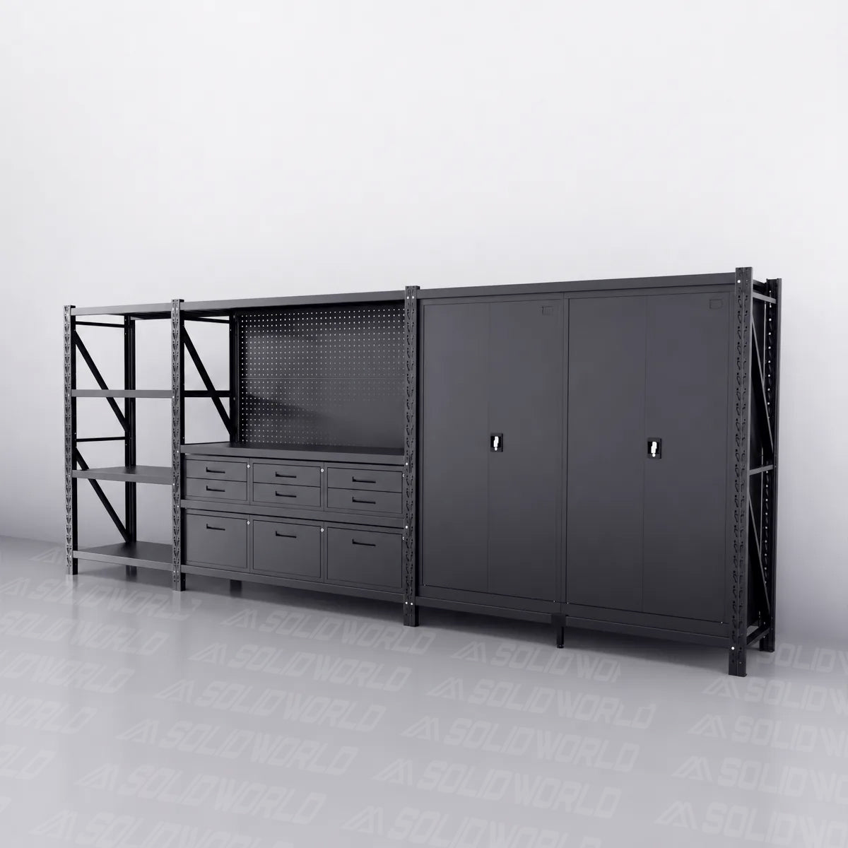 9-Drawer Pegboard Workbench & 2 Cabinets & Shelving (1.2-2.0m Wide)