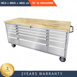 72'' 15-Drawer Stee Toolbox Cabinet With Timber Top
