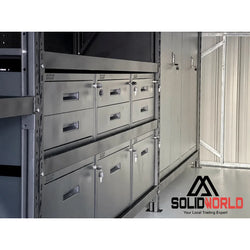 4m(L) 9-Drawer Steel Pegboard Workbench & 2 Cabinets on shelf