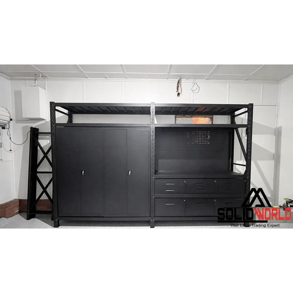 4m(L) 9-Drawer Steel Pegboard Workbench & 2 Cabinets on shelf