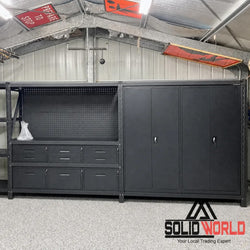 4m(L) 9-Drawer Steel Pegboard Workbench & 2 Cabinets on shelf