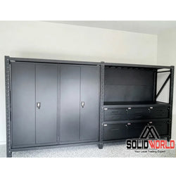 4m(L) 9-Drawer Steel Pegboard Workbench & 2 Cabinets on shelf