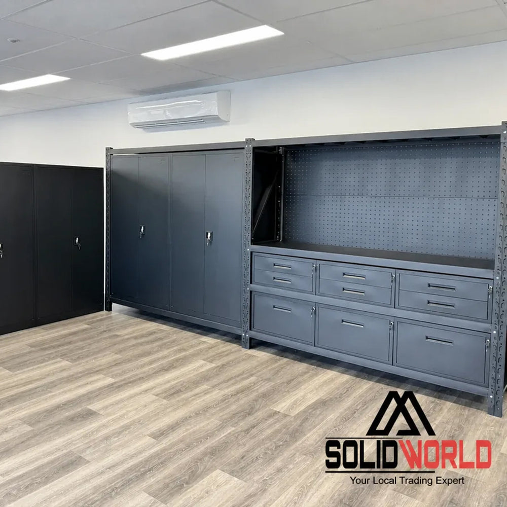 4m(L) 9-Drawer Steel Pegboard Workbench & 2 Cabinets on shelf