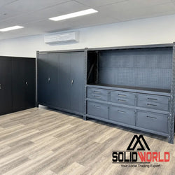 4m(L) 9-Drawer Steel Pegboard Workbench & 2 Cabinets on shelf