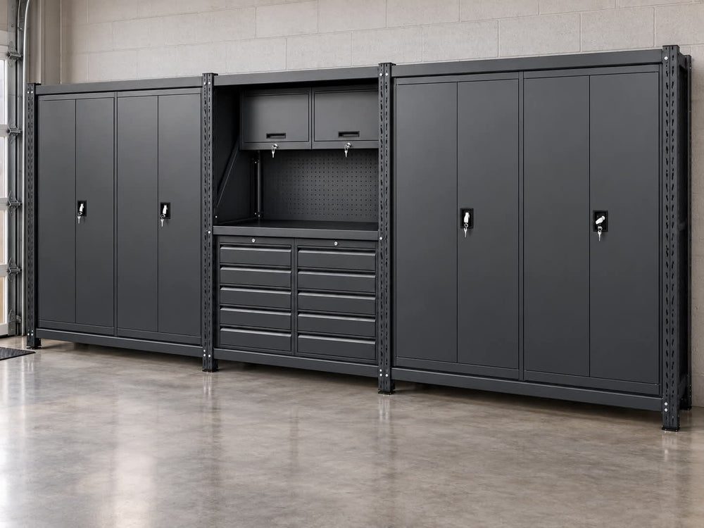 5.5m(L) 10-Drawer & Cabinet Steel Pegboard Workbench w 4 Cabinets on shelf