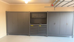 5.5m(L) 10-Drawer & Cabinet Steel Pegboard Workbench w 4 Cabinets on shelf