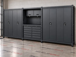 5.5m(L) 10-Drawer & Cabinet Steel Pegboard Workbench w 4 Cabinets on shelf