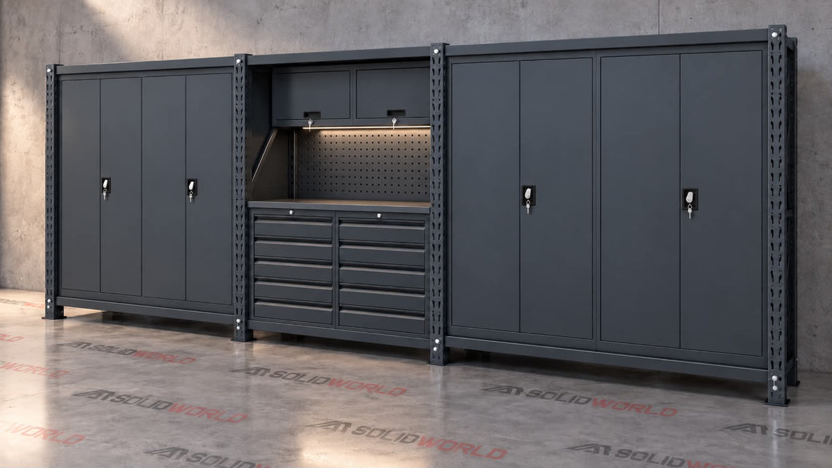 5.5m(L) 10-Drawer & Cabinet Steel Pegboard Workbench w 4 Cabinets on shelf