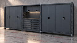 5.5m(L) 10-Drawer & Cabinet Steel Pegboard Workbench w 4 Cabinets on shelf