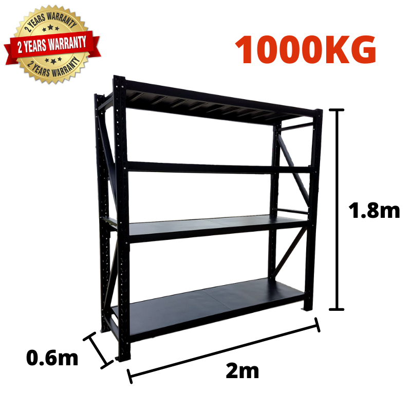 2.0m(W) x 1.8m(H) x 0.6m(D) Metal Shelving 1000KG Black