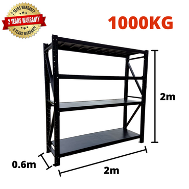 2.0m(W) x 2.0m(H) x 0.6m(D) Metal Shelving 1000KG Black