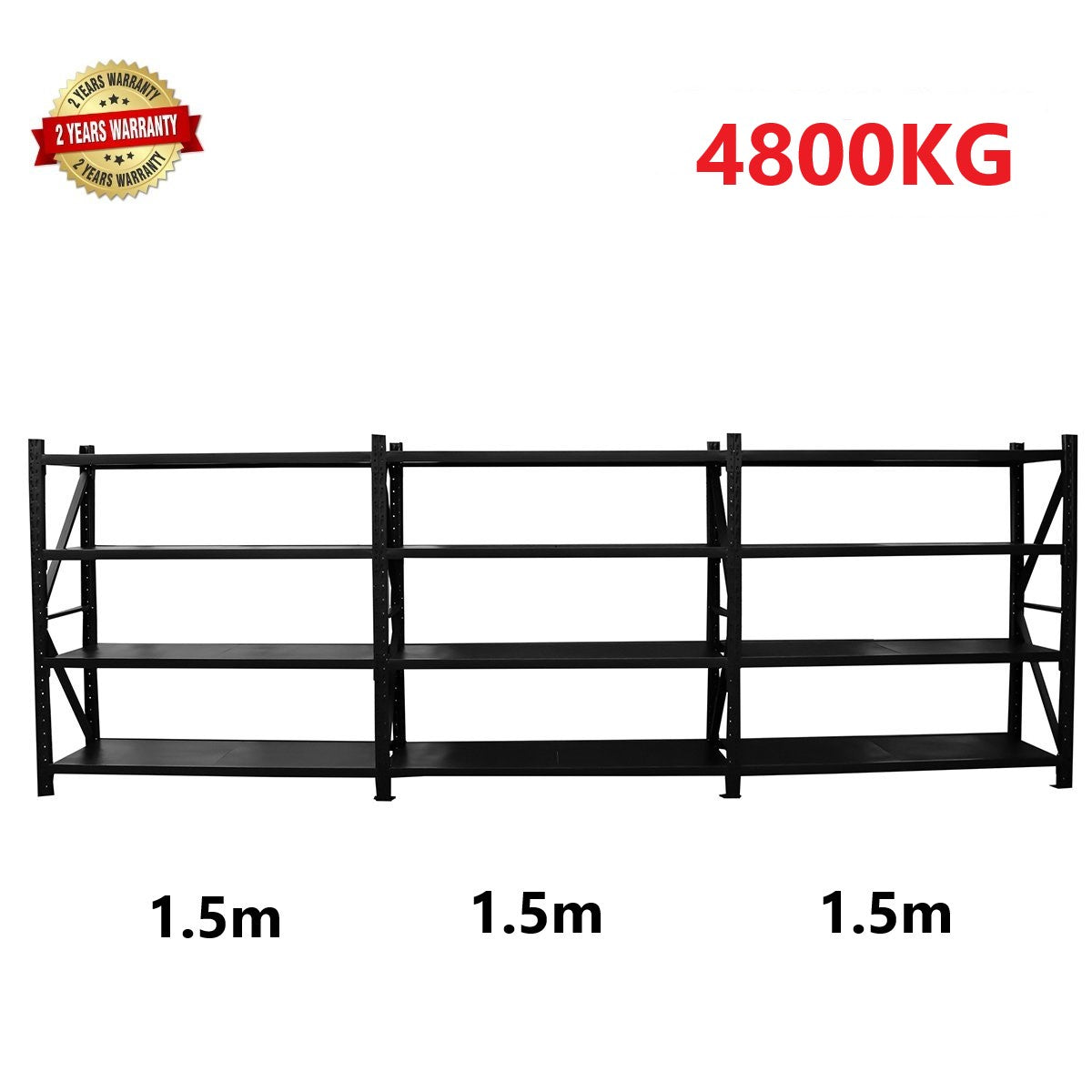 4.5m(W)x2.4m(H)x0.6m(D) 4800kg Heavy Duty Connecting Shelving BLACK